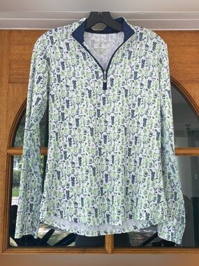 SanSoleil Women’s Long Sleeve Green Blue Martini Cocktail Golf Top Size Small